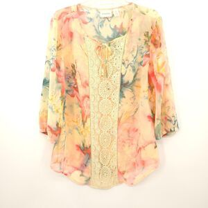 Chico's tunic top sheer floral chiffon lace Size 2 L (12) cottagecore Victorian